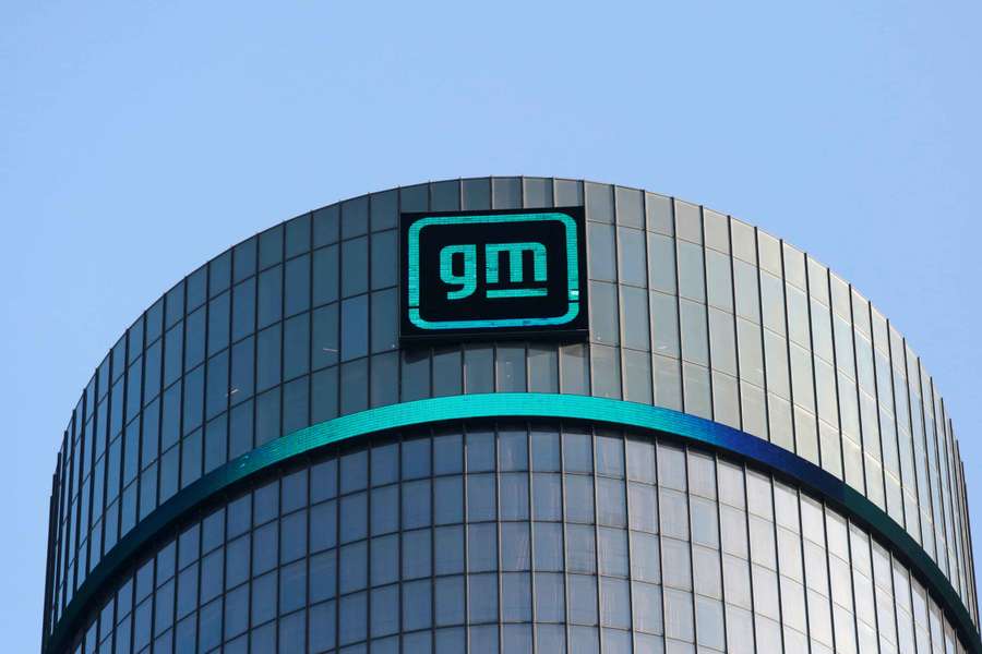 The GM logo is seen on the facade of the General Motors headquarters in Detroit