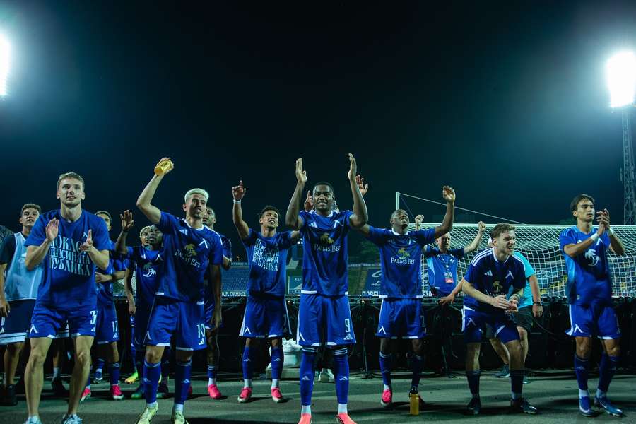 Levski Sofia celebrate with their fans after defeating Kairat Almaty in Champions League qualifying. Levski Sofia celebrate with their fans after defeating Kairat Almaty in Champions League qualifying.