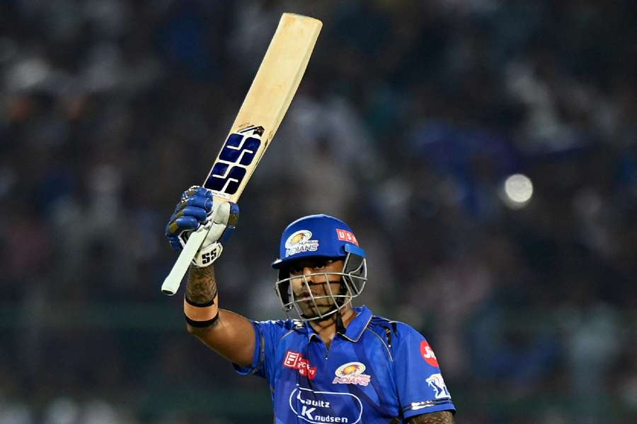 Mumbai Indians' Suryakumar Yadav celebrates after reaching his half century