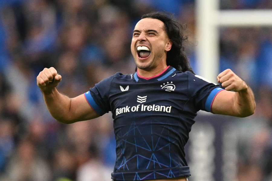Leinster wing James Lowe celebrates after scoring his third try in the European Champions Cup semi-final against Northampton