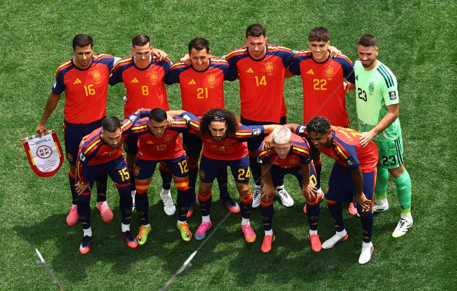 Spain players pose for a team group photo before the match Spain players pose for a team group photo before the match