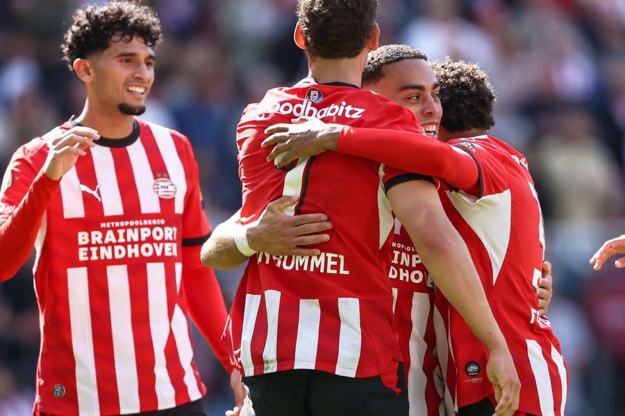 PSV celebrate Sergino Dest's (2-R) goal against FC Groningen PSV celebrate Sergino Dest's (2-R) goal against FC Groningen