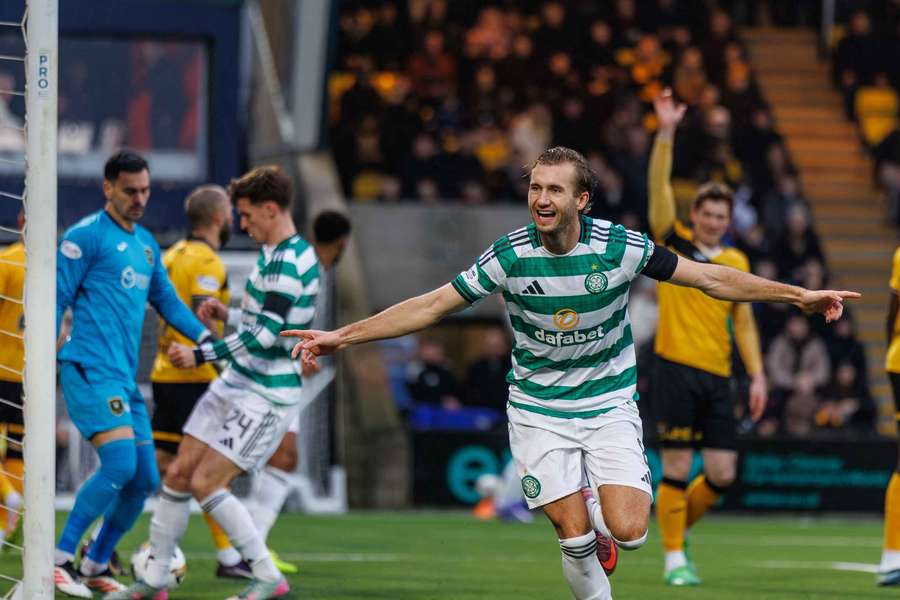 Benjamin Nygren of Celtic celebrates scoring 
