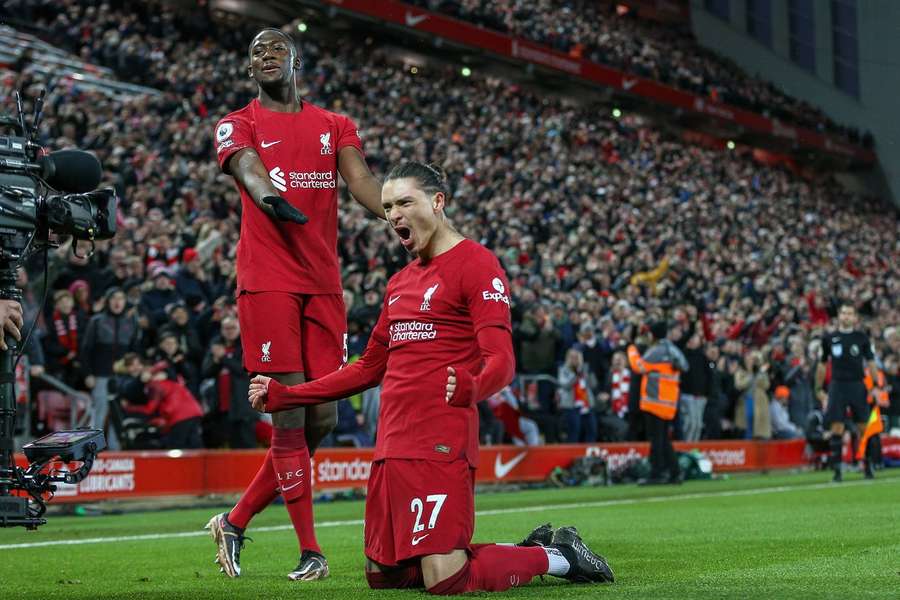 Núñez celebra el 7-0 del Liverpool al Manchester United