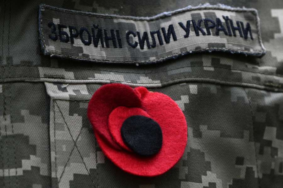 A poppy on a Ukrainian solider's uniform