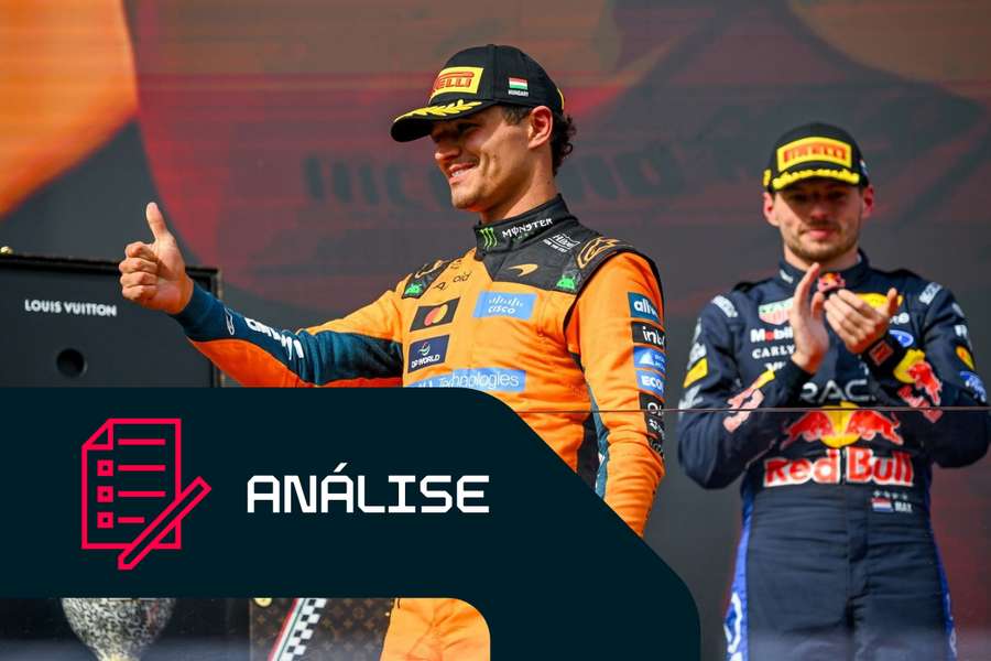 Lando Norris e Max Verstappen no pódio do Grande Prémio da Hungria