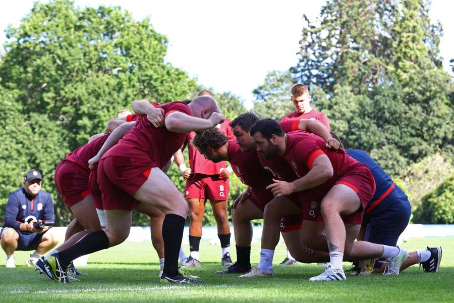 England practice their scrum ahead of their meeting with Fiji