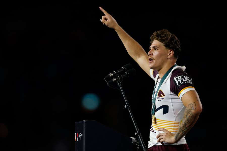 Reece Walsh speaks on-stage at the 2025 NRL Grand Final post-game presentation.