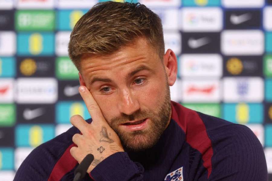 Luke Shaw speaking during a press conference during Euro 2024