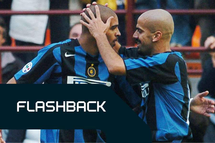 Juán Sebastian Verón si complimenta con Adriano dopo il suo incredibile gol all'Udinese