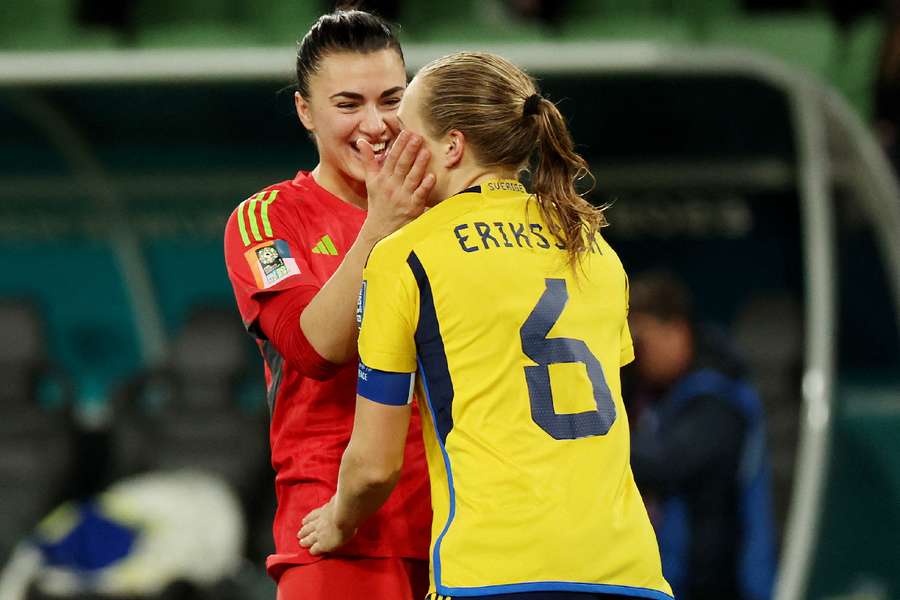 Musovic and Magdalena Eriksson celebrate after progressing to the quarter-finals