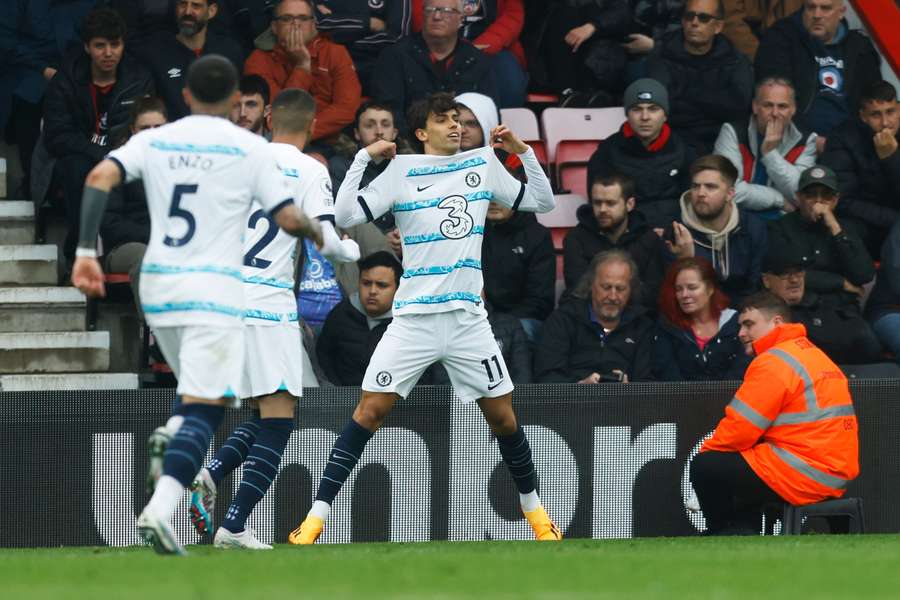 Chelsea's Portuguese striker Joao Felix celebrates scoring his team's third goal 