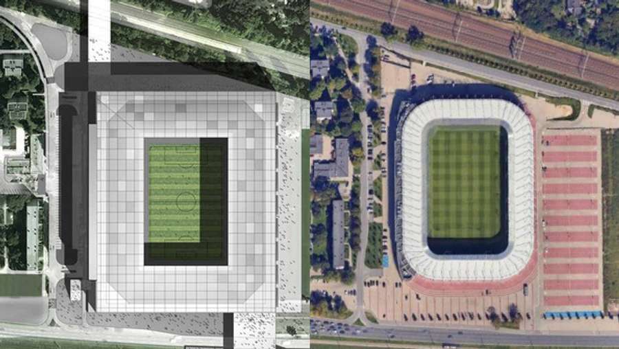 Wizualizacja z 2010 kontra powstały stadion - boisko jest przesunięte na północny zachód, zostawiając mniej miejsca