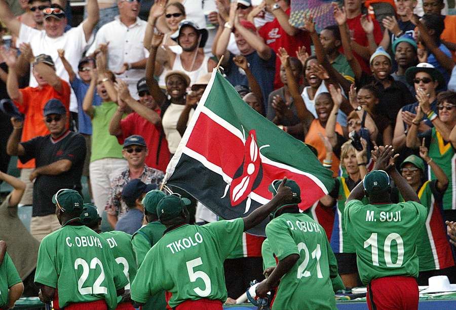 Kenya's players celebrate with fans after beating Bangladesh at the 2003 World Cup