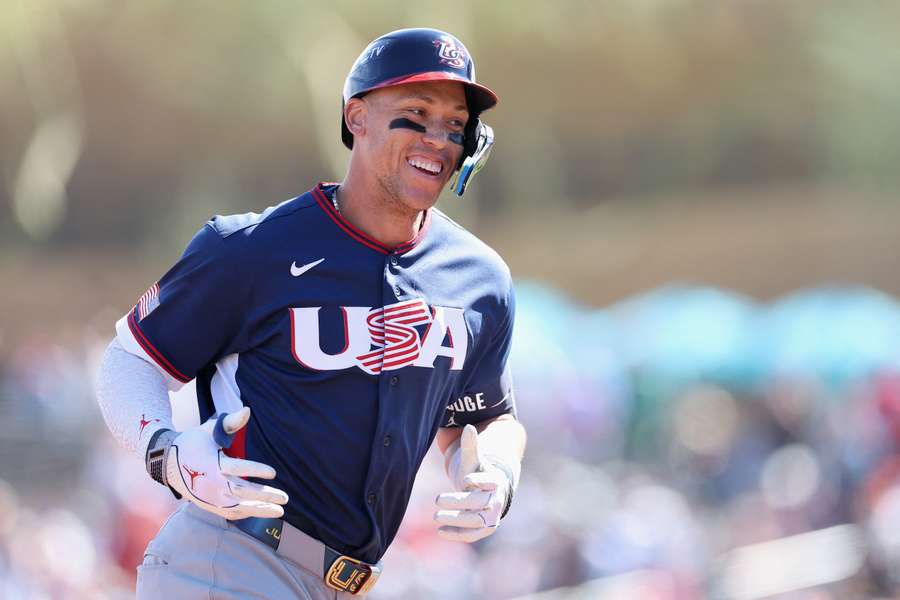 Aaron Judge smiles after home run during 2026 World Baseball Classic exhibition game against Colorado Rockies