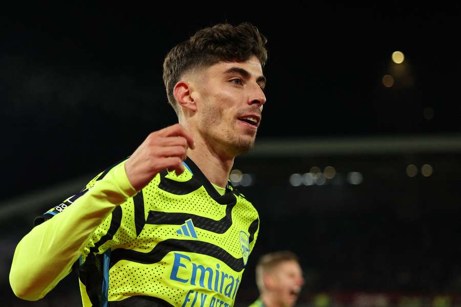 Kai Havertz celebrates scoring against Brentford