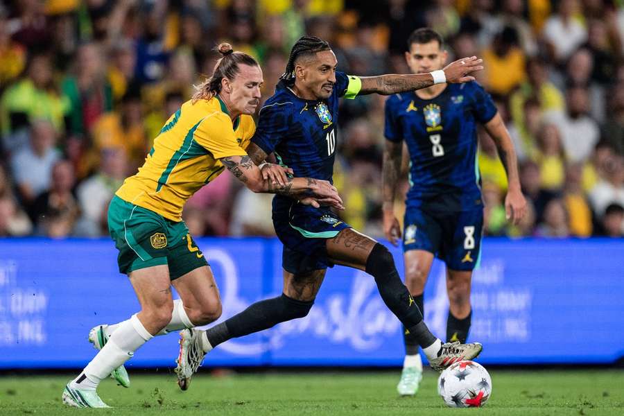 Raphinha v zápase proti Austrálii. Raphinha v zápase proti Austrálii.
