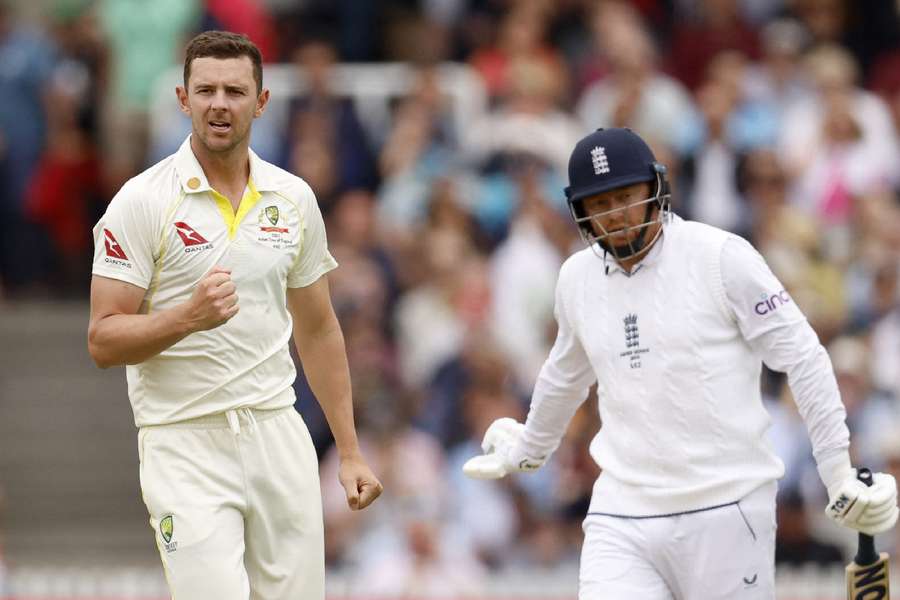 Hazlewood celebrates dismissing Bairstow