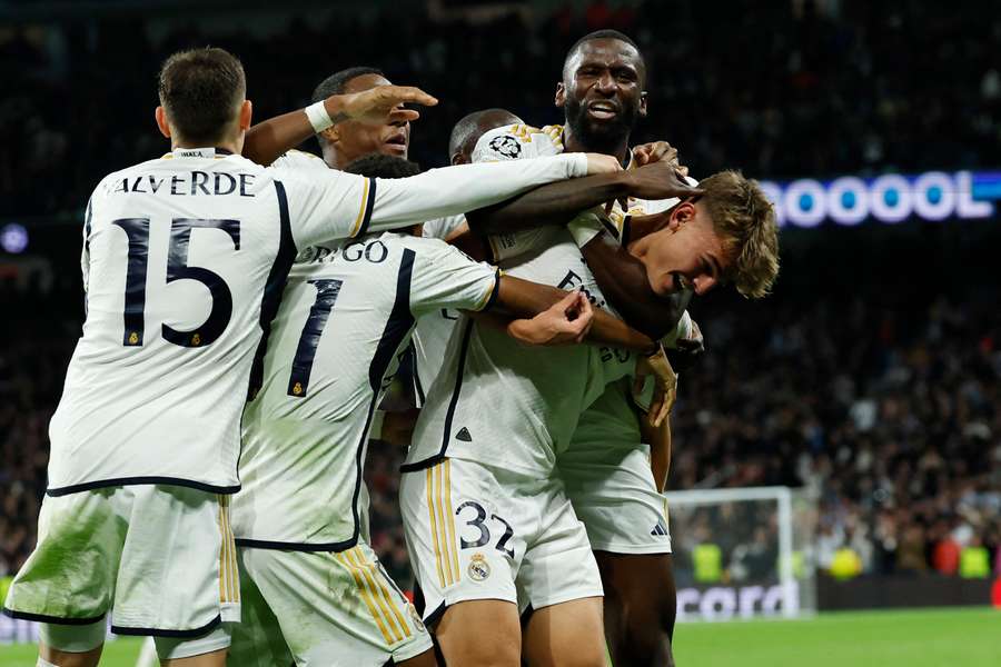 Nico Paz celebrates scoring Real Madrid's third goal