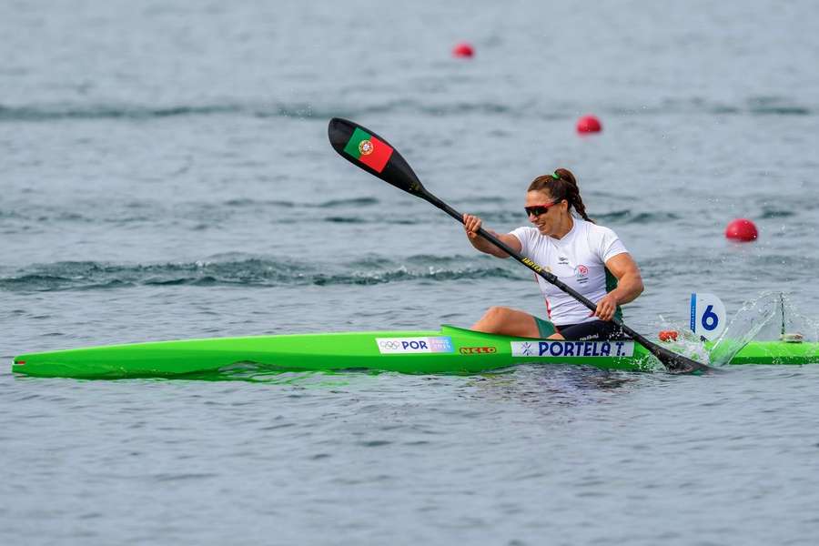 A atleta portuguesa Teresa Portela em competição na prova de K1 500 Femininos dos Jogos Olímpicos de Paris