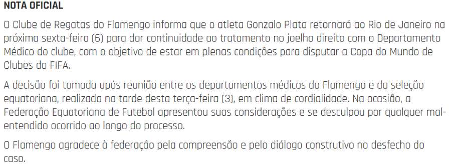 El comunicado del Flamengo. El comunicado del Flamengo.