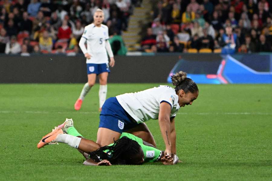 England's Lauren James clashes with Nigeria's Michelle Alozie before being shown a red card