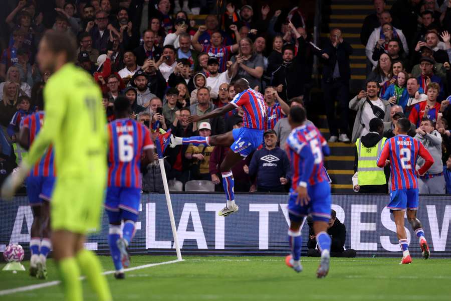 Jean-Philippe Mateta celebrates after giving Crystal Palace the lead after 54 minutes