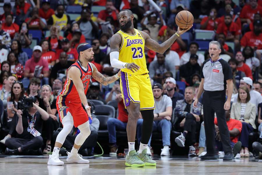 LeBron James of the Los Angeles Lakers against Jose Alvarado in the Lakers' NBA Play-in Tournament victory over the New Orleans Pelicans