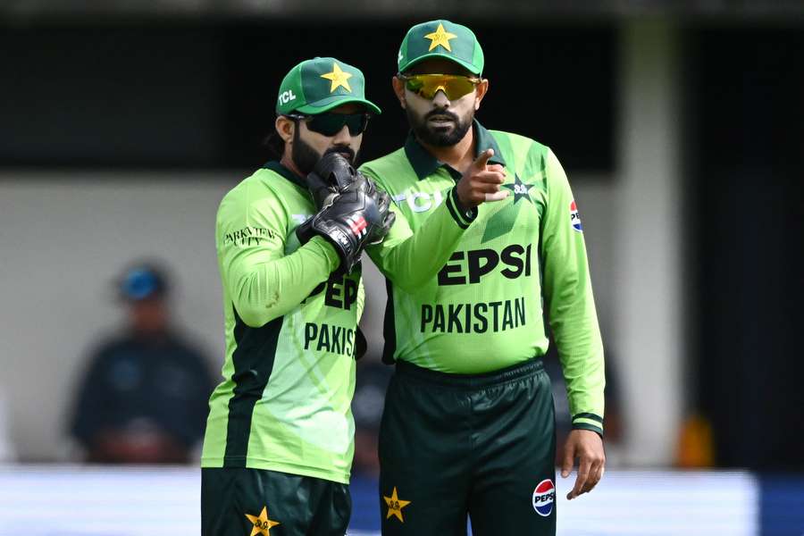 Babar Azam and Mohammad Rizwan discuss tactics during an ODI in New Zealand earlier this year. Babar Azam and Mohammad Rizwan discuss tactics during an ODI in New Zealand earlier this year.