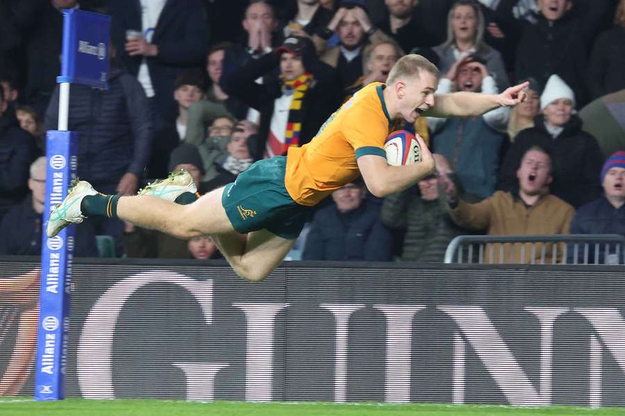 Max Jorgensen soars across the line for the Wallabies' match-winning try against England last year.  Max Jorgensen soars across the line for the Wallabies' match-winning try against England last year.