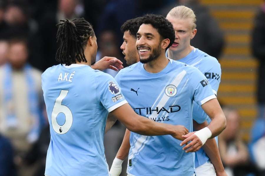 Omar Marmoush celebrates scoring their third goal against Brentford