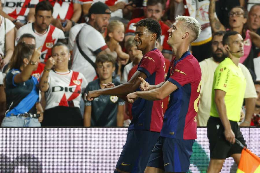 Dani Olmo and Lamine Yamal celebrate Olmo's debut goal together