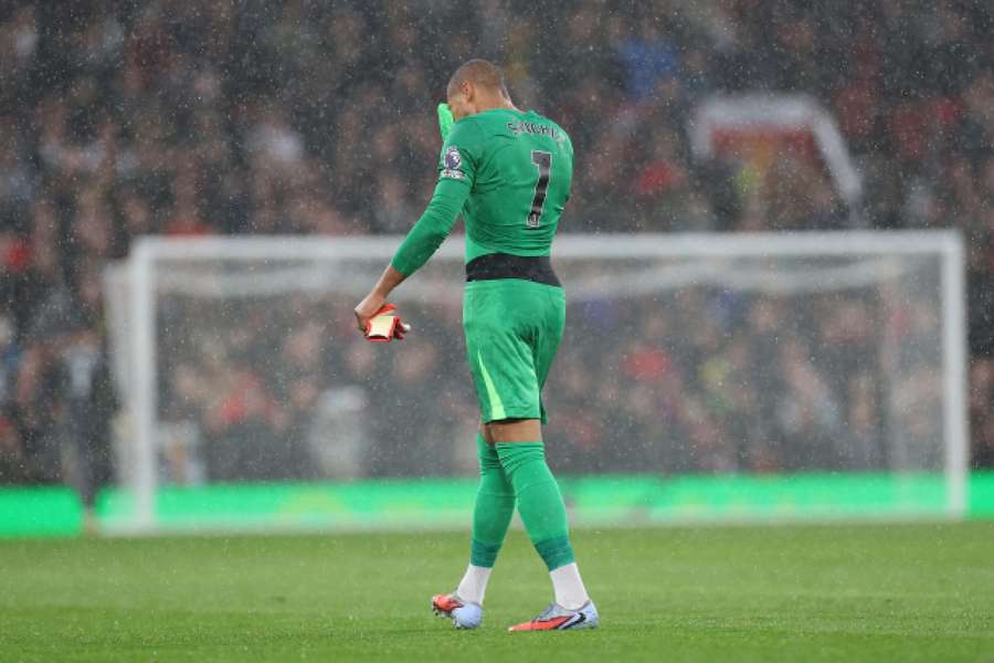 Robert Sanchez reacts to being sent off at Old Trafford