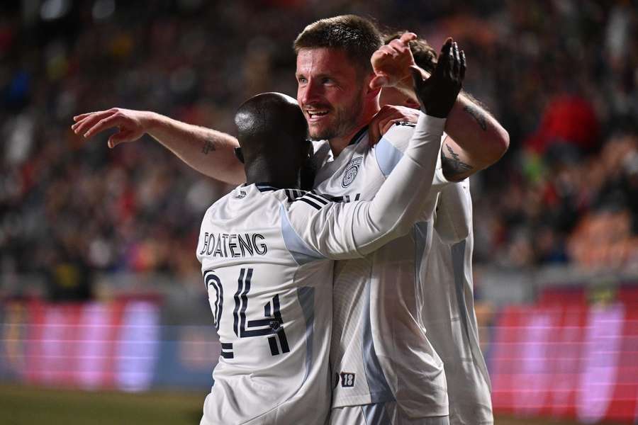 San Diego winger Anders Dreyer (10) celebrates with Emmanuel Boateng after making it 2-1 against Real Salt Lake