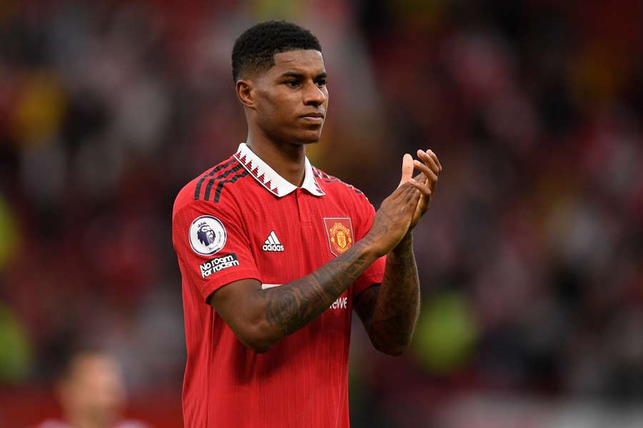 Man Utd's Marcus Rashford applauds supporters as he leaves the pitch against Arsenal on September 4, 2022.