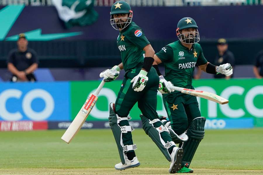 Pakistan's Babar Azam, right, hit 32 not out in the run chase