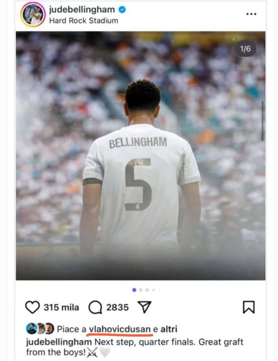 Il like di Vlahovic al post di Bellingham