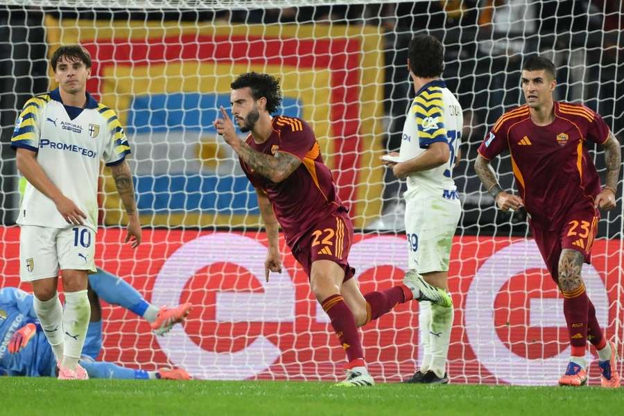 Roma's Mario Hermoso celebrates after scoring Roma's Mario Hermoso celebrates after scoring