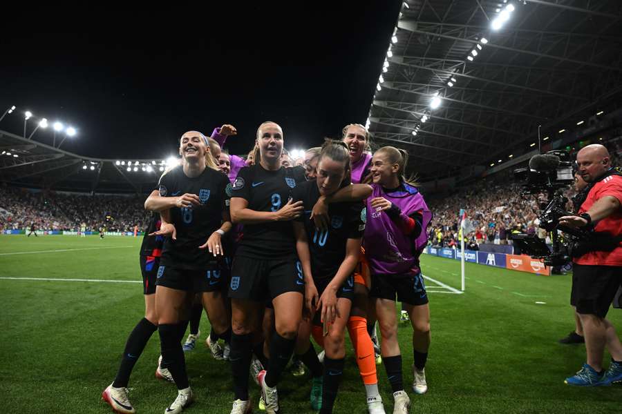 England's players celebrate after beating Italy on Tuesday to reach the Women's Euro 2025 final