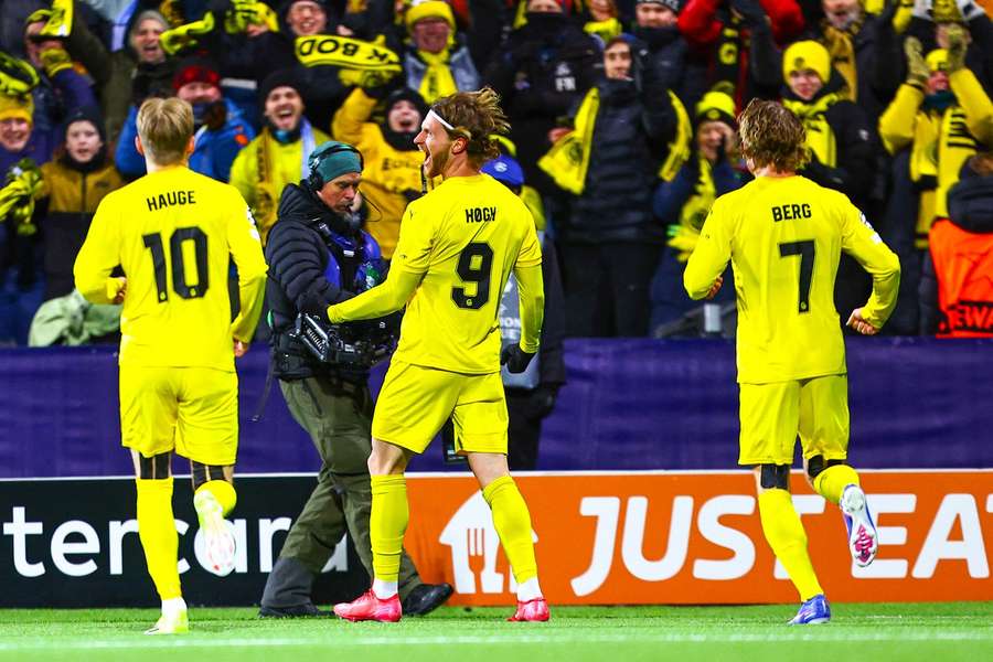Bodo/Glimt's Kasper Hogh celebrates after scoring against Man City