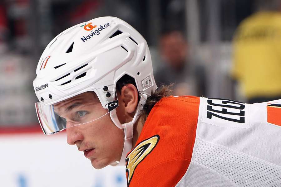 Anaheim Ducks forward Trevor Zegras getting ready for a face-off. (2024)
