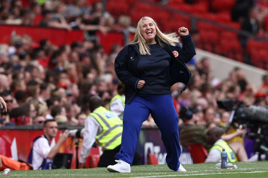 Chelsea manager Emma Hayes celebrates during their Women's Super League title-clinching victory at Manchester United