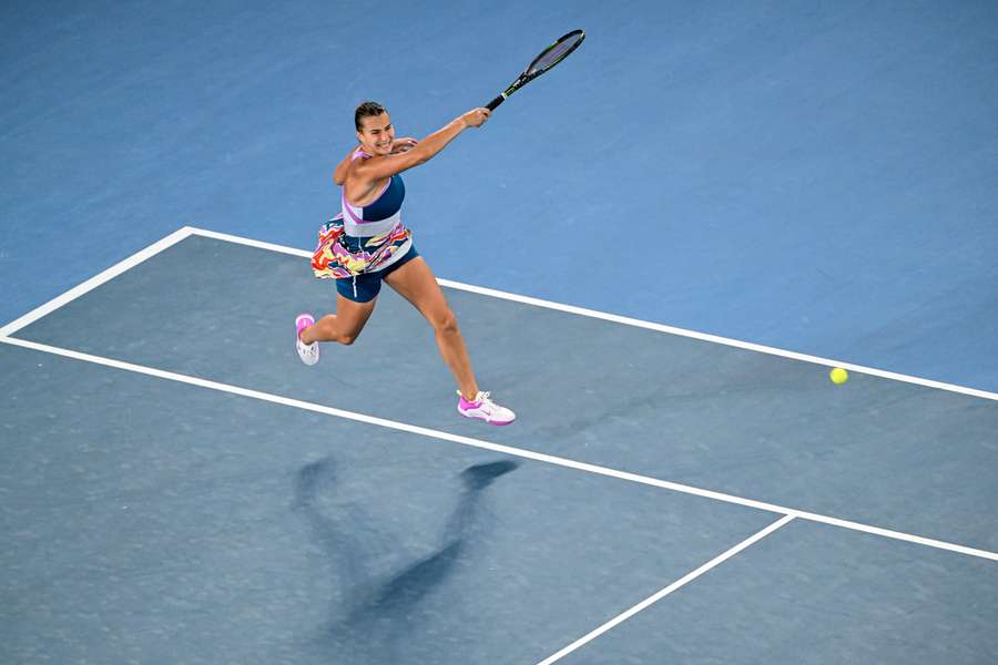 Aryna Sabalenka hits a return against Kazakhstan's Elena Rybakina