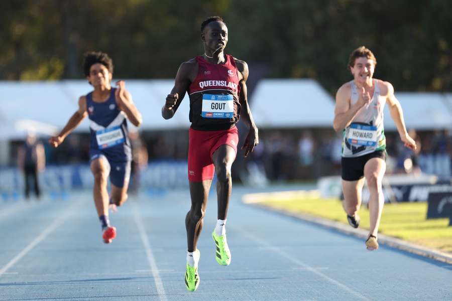 Gout Gout wins his 100m heat at the 2025 Australian Junior Athletics Championships on Thursday.