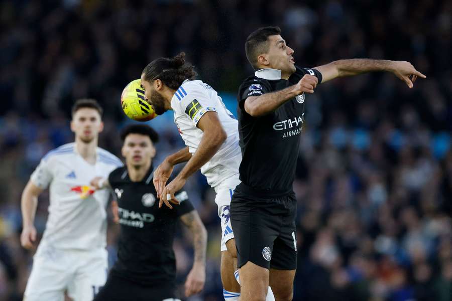 Leeds United's Dominic Calvert-Lewin in action with Manchester City's Rodri Leeds United's Dominic Calvert-Lewin in action with Manchester City's Rodri