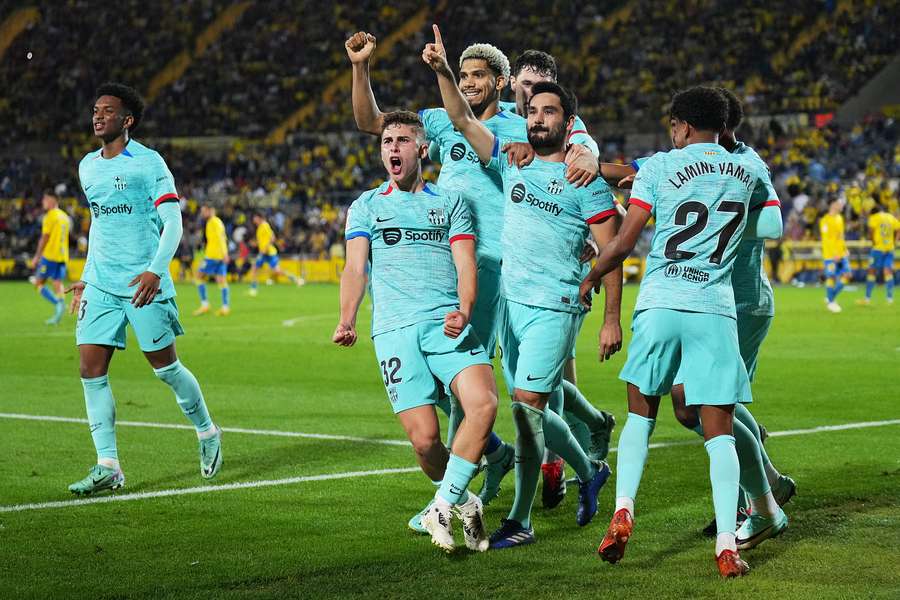 Ilkay Gundogan of FC Barcelona celebrates with teammates after scoring their team's second goal 