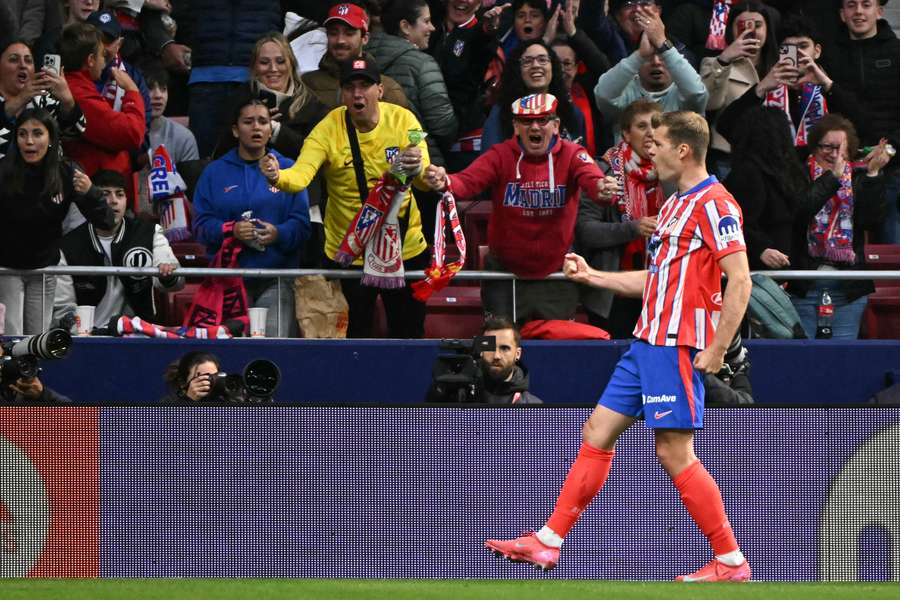 Alexander Sorloth celebrates his opening goal in Atletico Madrid's big win over Real Sociedad.