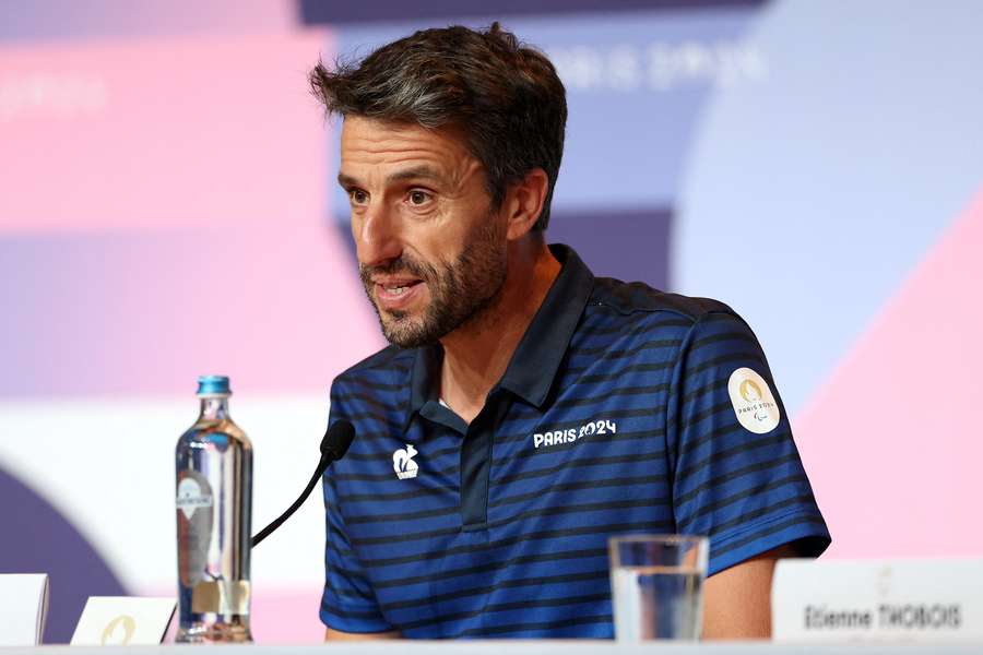 Tony Estanguet numa conferência de imprensa no sábado Tony Estanguet numa conferência de imprensa no sábado