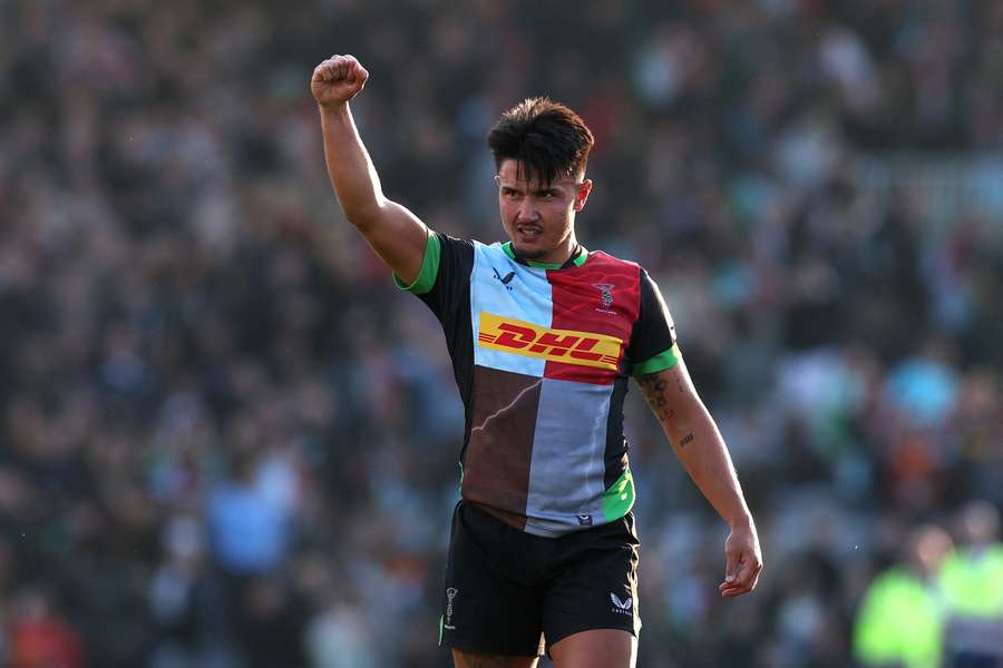 Harlequins' Marcus Smith celebrates after the team's victory over Saracens
