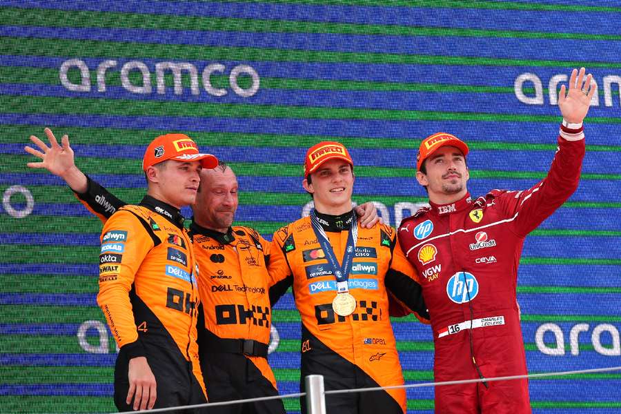 The top three at the Spanish Grand Prix this year celebrate on the podium